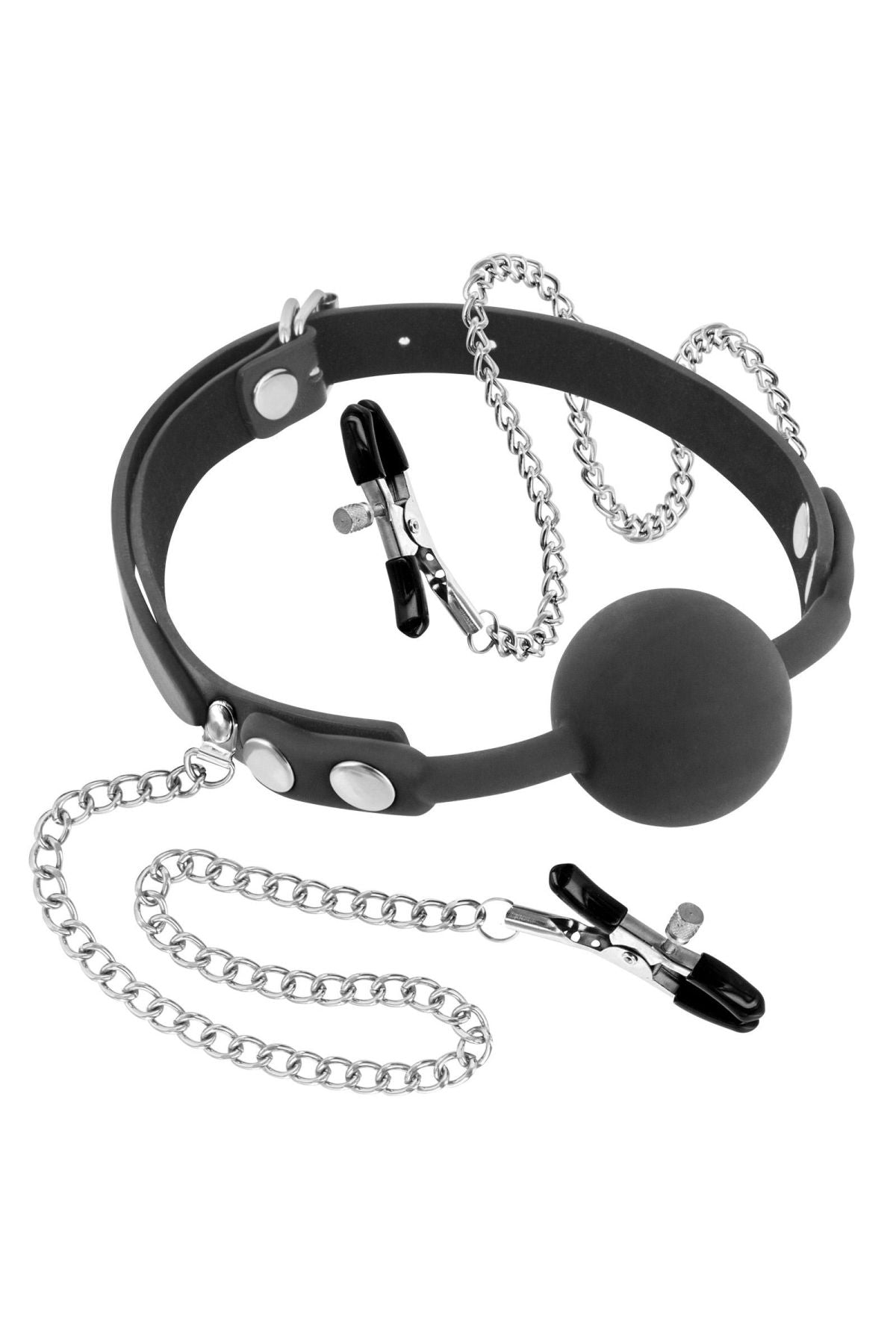 Кляп з силіконовою кулькою і затискачами для сосків Fetish Tentation Gag Ball with