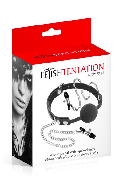Кляп з силіконовою кулькою і затискачами для сосків Fetish Tentation Gag Ball with