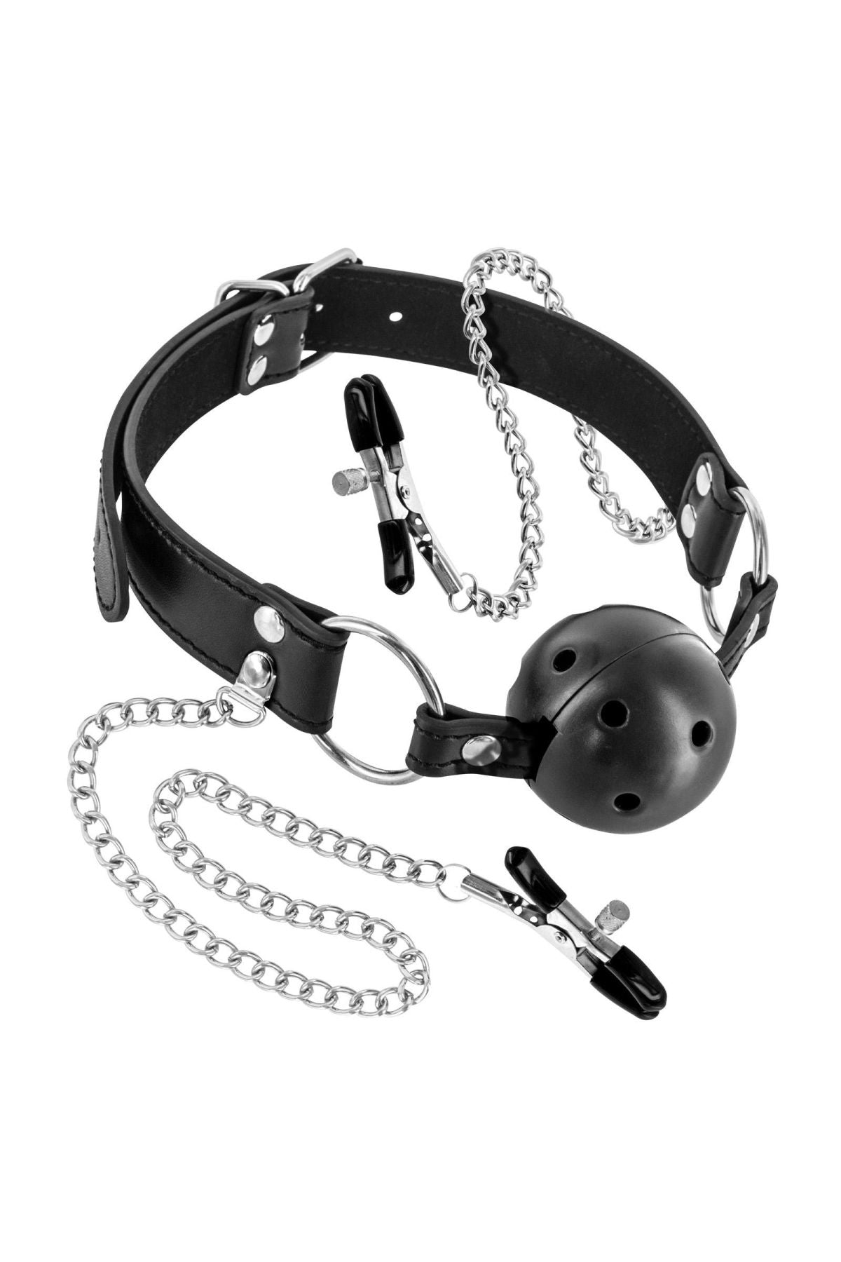 Повітропроникний кляп із затискачами для сосків Fetish Tentation Rigid Gag Ball