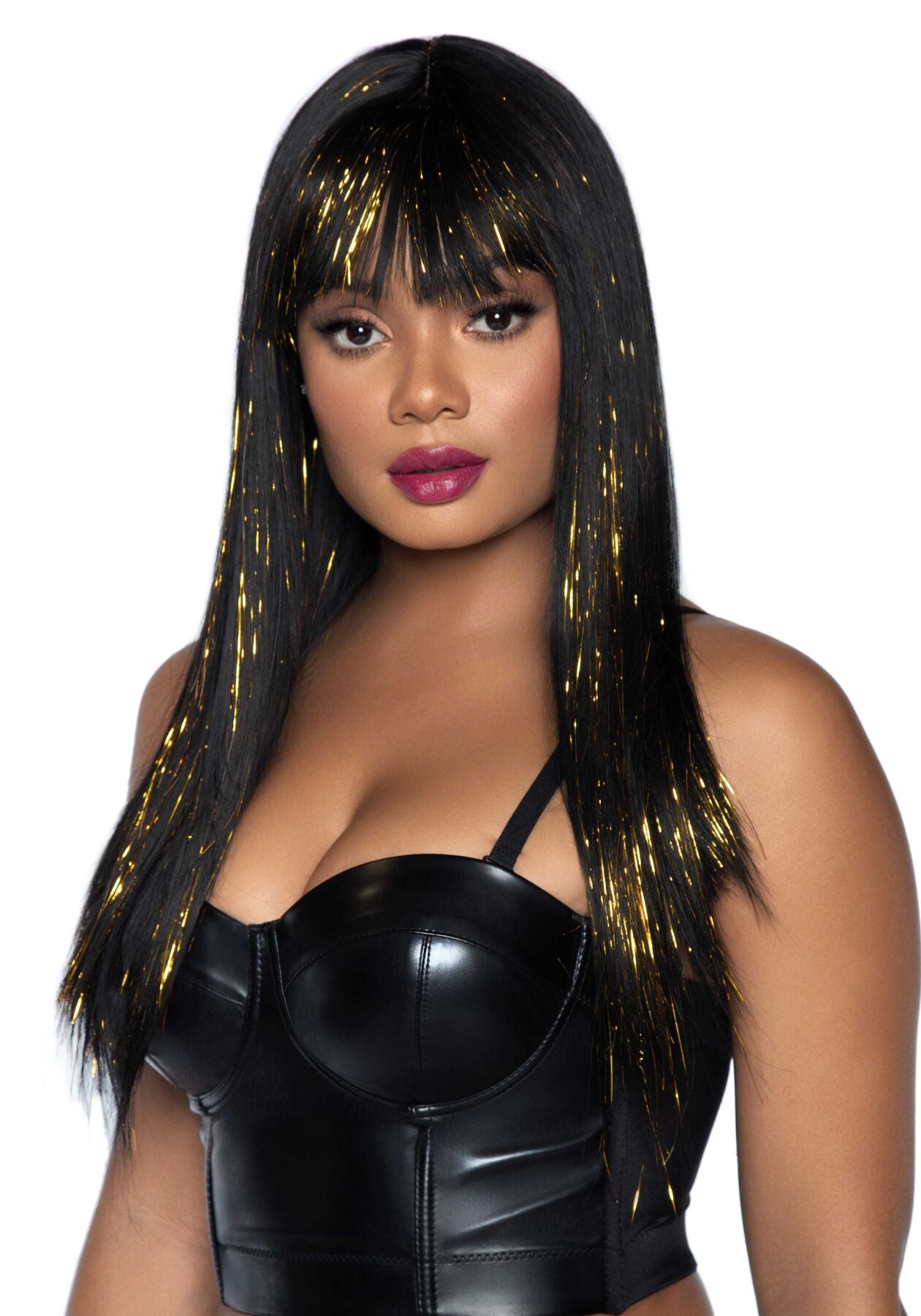 Чорна перука із золотими пасмами Leg Avenue Long bang wig with tinsel