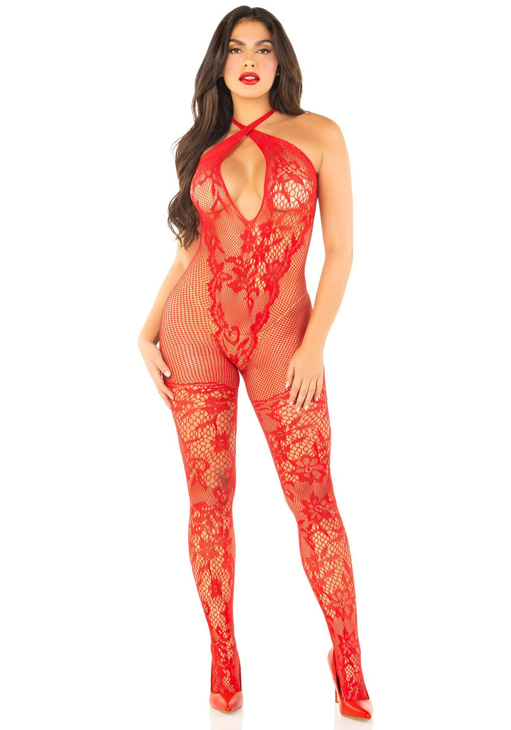 Бодістокінг з глибоким декольте Leg Avenue Seamless Net and Lace Lingerie Jumpsuit